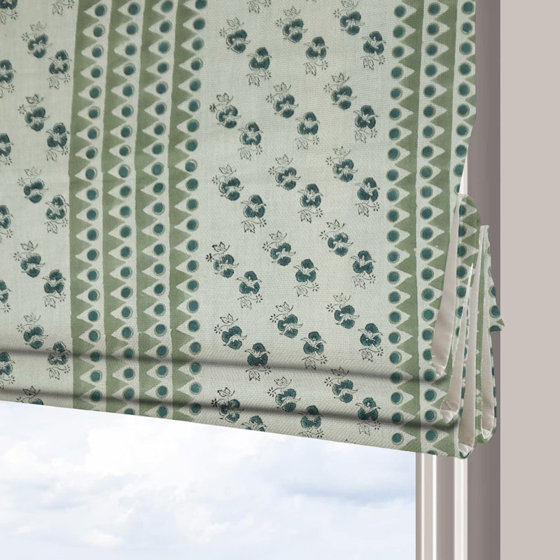 Fabdivine Handmade 100% Blackout Pure Linen Roman Shade, Green or Brown Block Print Floral Blinds for Windows, Ideal for French Doors, Living or Bedrooms, Hall, Linen Fabric, Mountain Moon