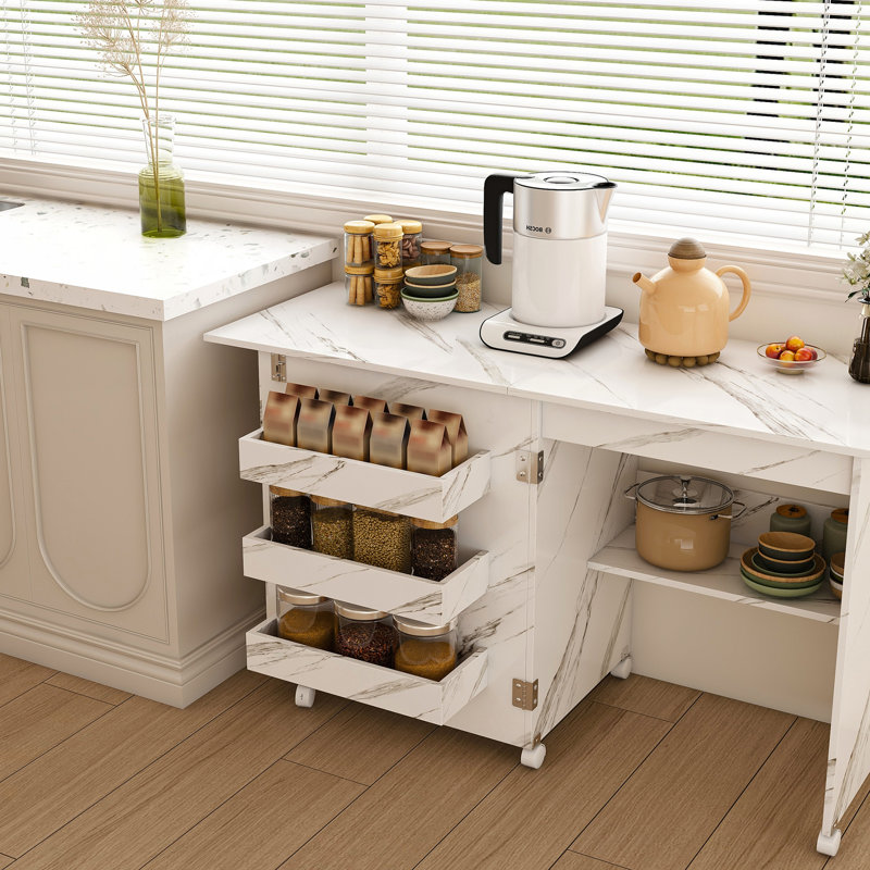 Table de couture pliante 4-en-1 avec roues verrouillables - Poste de travail multifonctionnel, table de bout, bureau d'ordinateur et rangement de cuisine avec tablettes, table de machine à coudre roulante blanche pour appartements