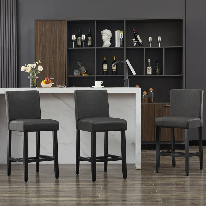 Upholstered Bar & Counter Stool With Solid Wood Frame, Black/Faux Leather, Counter Stool (26” Seat Height), 2