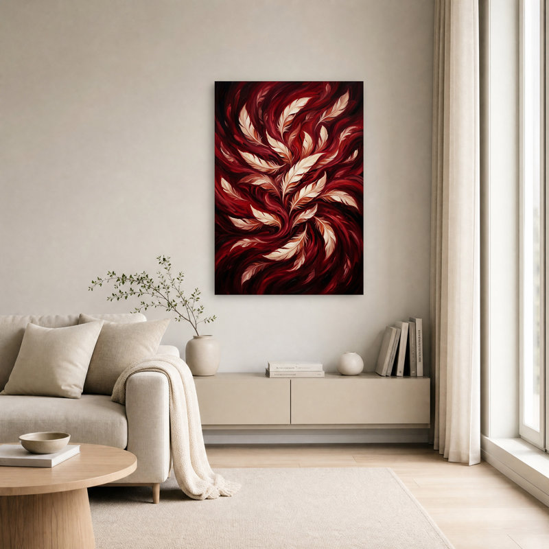 Plumes tourbillonnantes crème sur toile rouge foncé, H 36 po x l 24 po