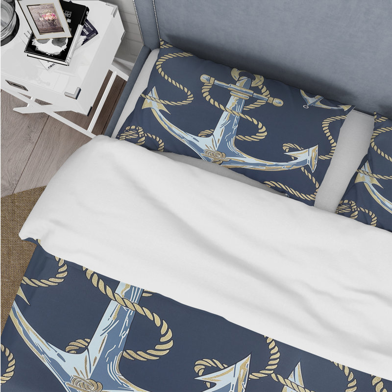 Blue Gold Coastal Anchor - Ensemble de housse de couette Coastal, Housse de couette pour grand lit et 2 taies décor
