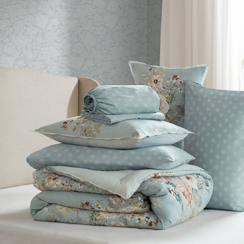 7 pièces, 7 pièces, imprimé floral, bleu doux, Blue Multi Floral, Full Sheet Set with 6 Additional Pieces