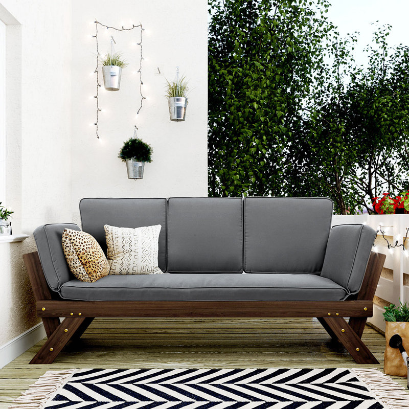 Méridienne d'extérieur réglable en bois pour lit de jour avec coussins pour petits espaces Topmax, Gris / Brun