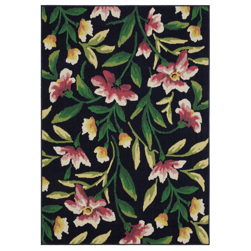 Sherley Floral Garden Navy/ Multi Indoor-Outdoor Area Rug, Rectangle 5'3" x 7'3"