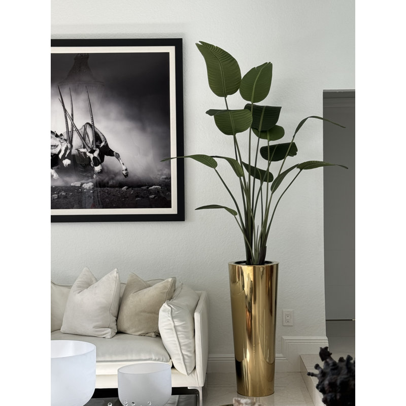 Faux pin en pot de fleurs en métal, Or, H 90 po x l 40 po x P 24 po