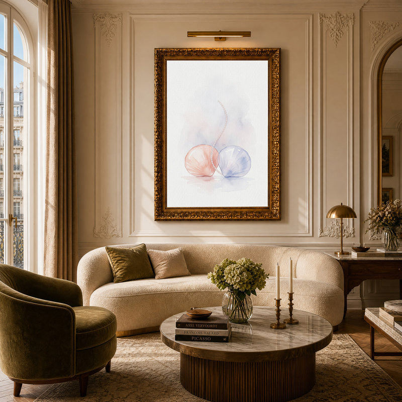 Aquarelle sur toile, coquillages roses et bleus, H 24 po x l 16 po