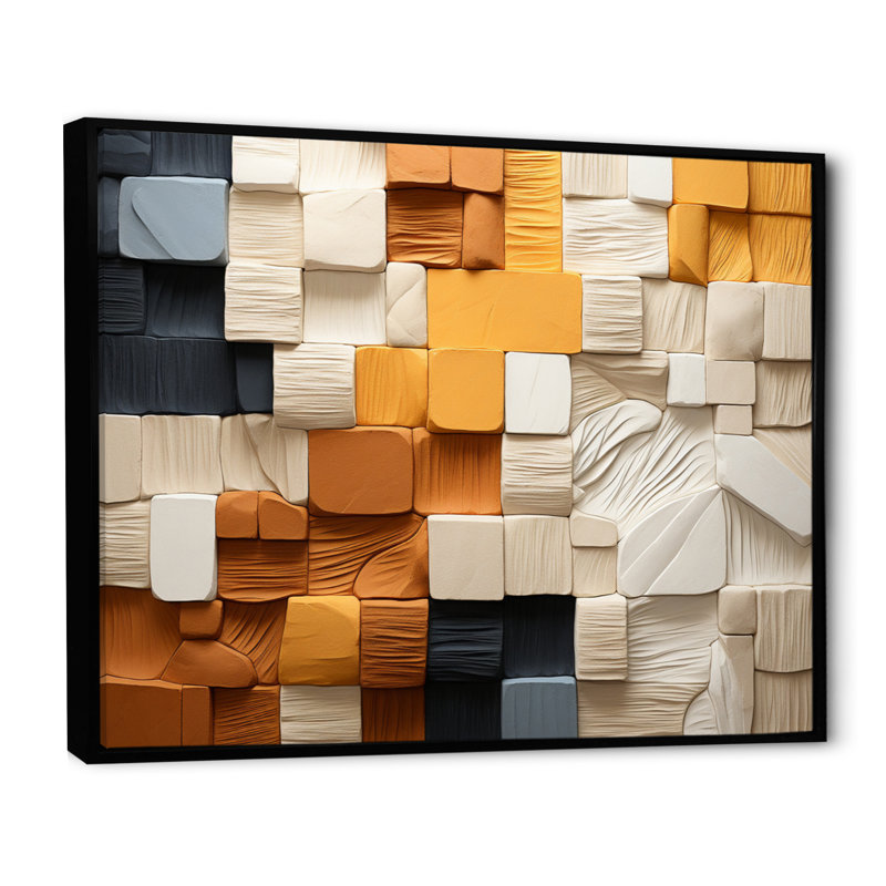 Cubique jaune et gris II sur toile, H 34 po x l 44 po x P 1,5 po, Cadre flottant noir