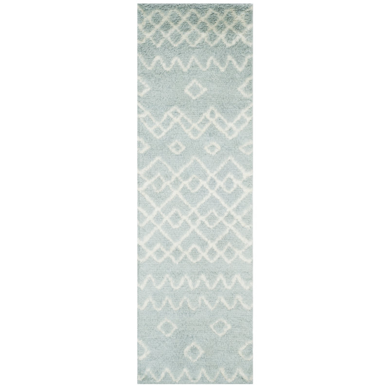 Powell Hand Tufted Nz Wool/Cotton Southwestern Rug in Blue/Ivory, Runner 2'3" x 8'