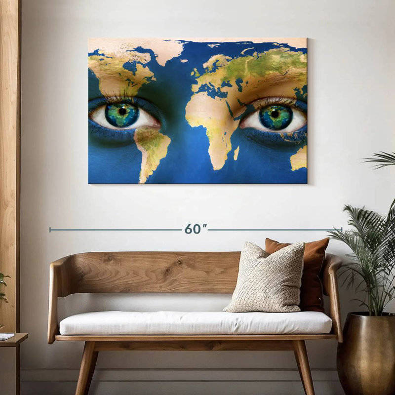 Carte du monde aux yeux bleus d'Aliaz, H 30 po x l 45 po
