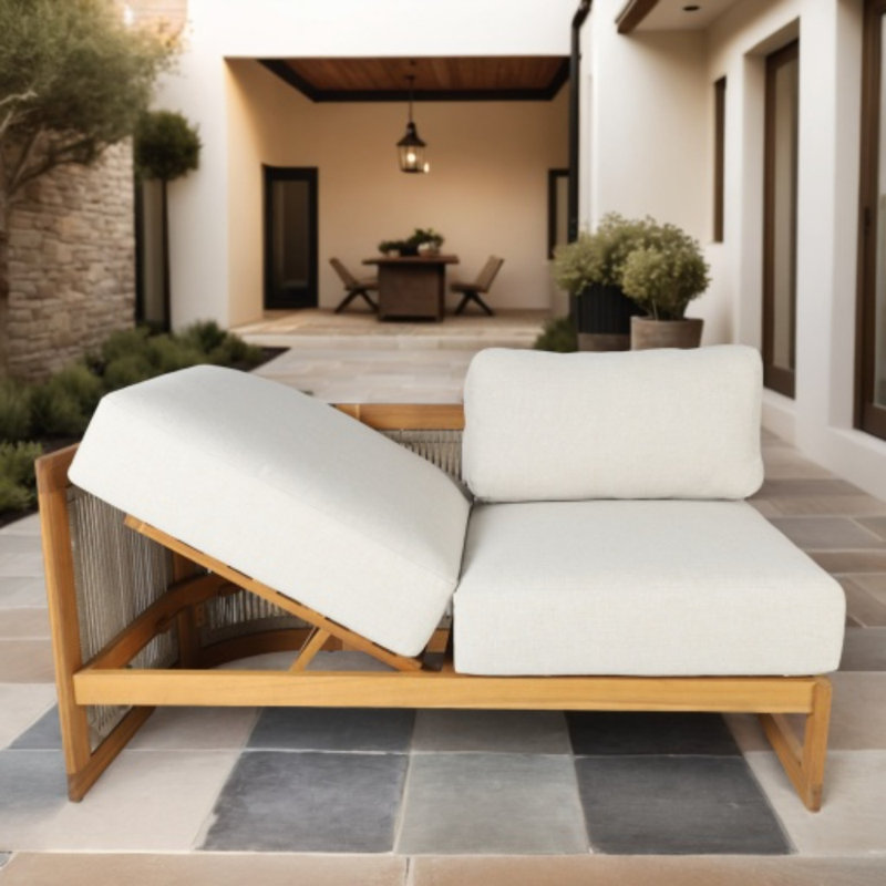 Guzal Acacia Wood Rope Weaving Patio Outdoor Sofa With Cream Cushions, Right 