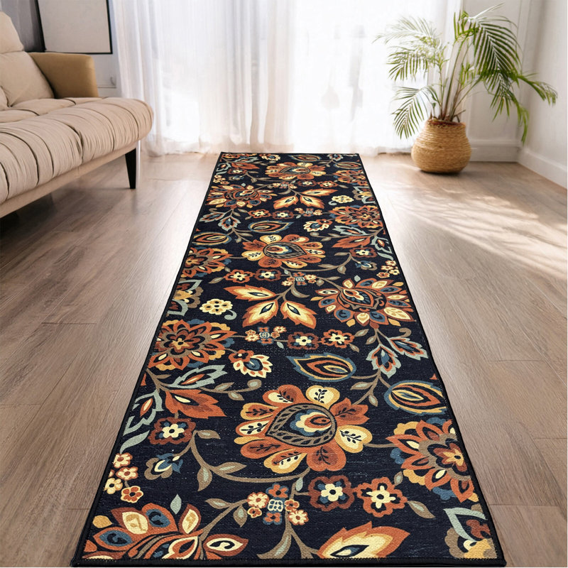 Custom Size Runner Rug Berber Style Floral Black Low Pile Slip Resistant Runner Rugs by Feet, Runner 2'2" x 4'