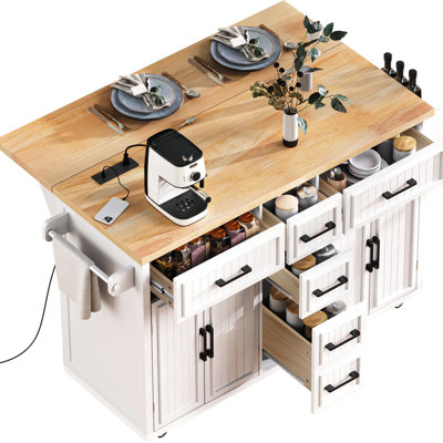 White Rolling Kitchen Cart With Vertical Stripe, Drop Leaf, False Double Deep Drawer And Mobile Design Charging Station