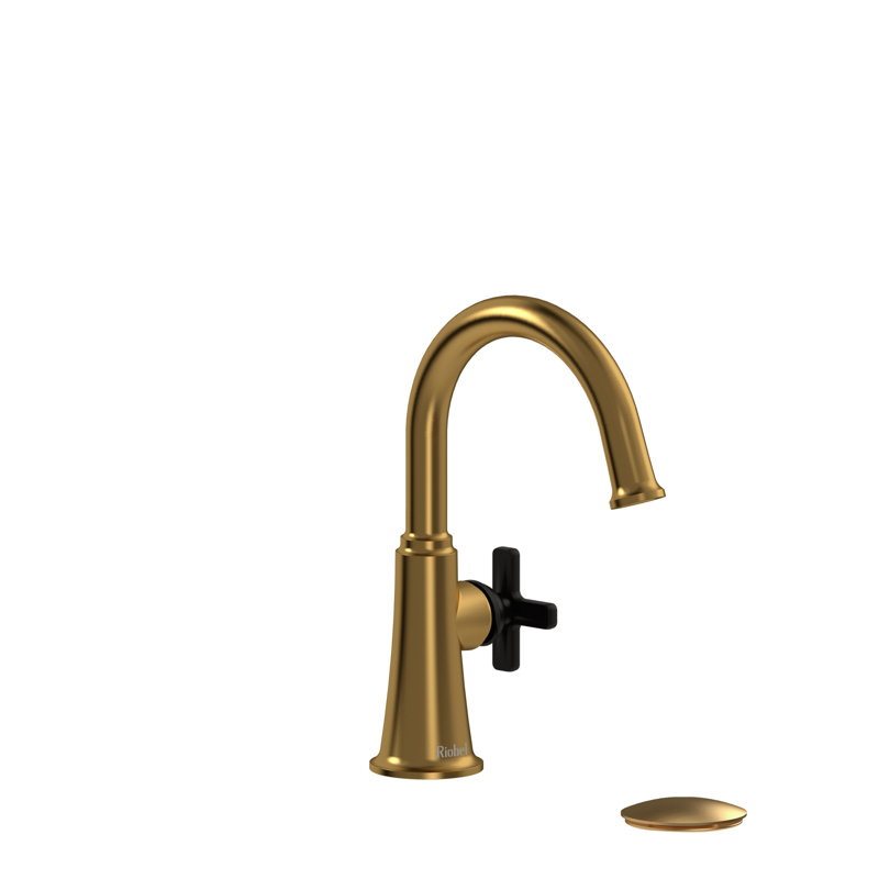 Robinet de salle de bain à trou unique Momenti ™ avec ensemble de drain et bec en C, Doré brossé / noir