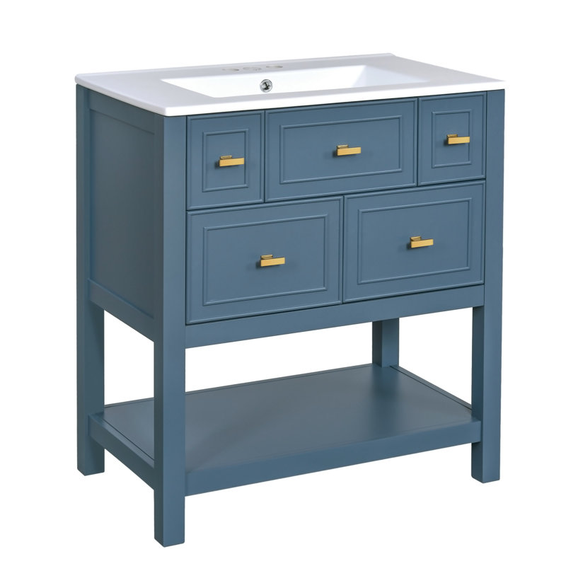 30'' Bathroom Vanity With Ceramic Sink Combo, Free Standing Single Vanity Set With 5 Drawers, Solid Wood Frame Bathroom Storage Cabinet
