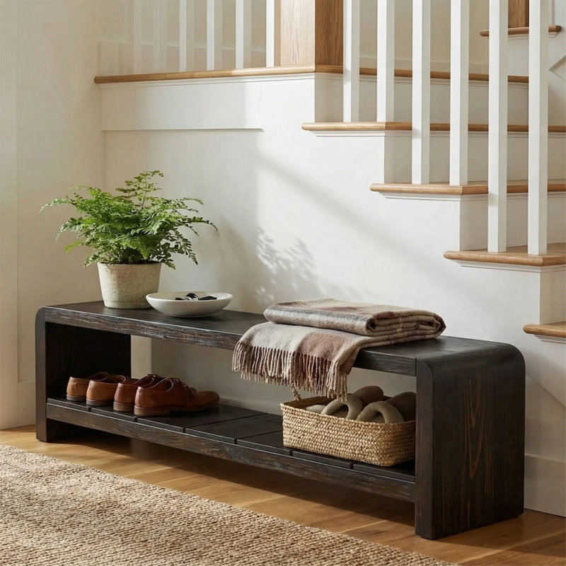 Banc en bois massif 59 po, banc pour chaussures avec rangement, Brun-noir