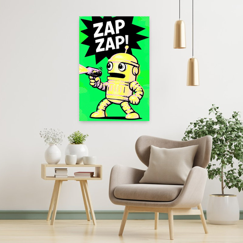 Comic Robot Zap Zap Playful Retro Vibrant Wall Art Print, H 36 po x l 24 po