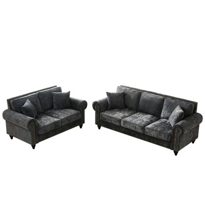 Gray With 3+2 Seater Option, Rolled Arms, Chenille Upholstery, And Pine Frame For A Cozy Apartment 5 - Seat Soft Velvet Fabric, Wooden Frame, Suitable Sophisticated Living Room, Medium Seating