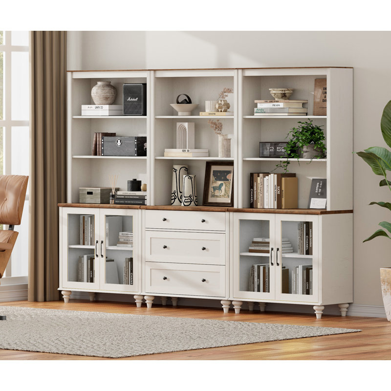 Scarlett 72.1"H X 101.6"W Bookcase With Drawers And Glass Cabinets, Tall Book Case With Open Book Shelfs, Large Wood Bookcases Farmhouse Bookshelves For Living Room Bedroom Home Office Kitchen, 72'
