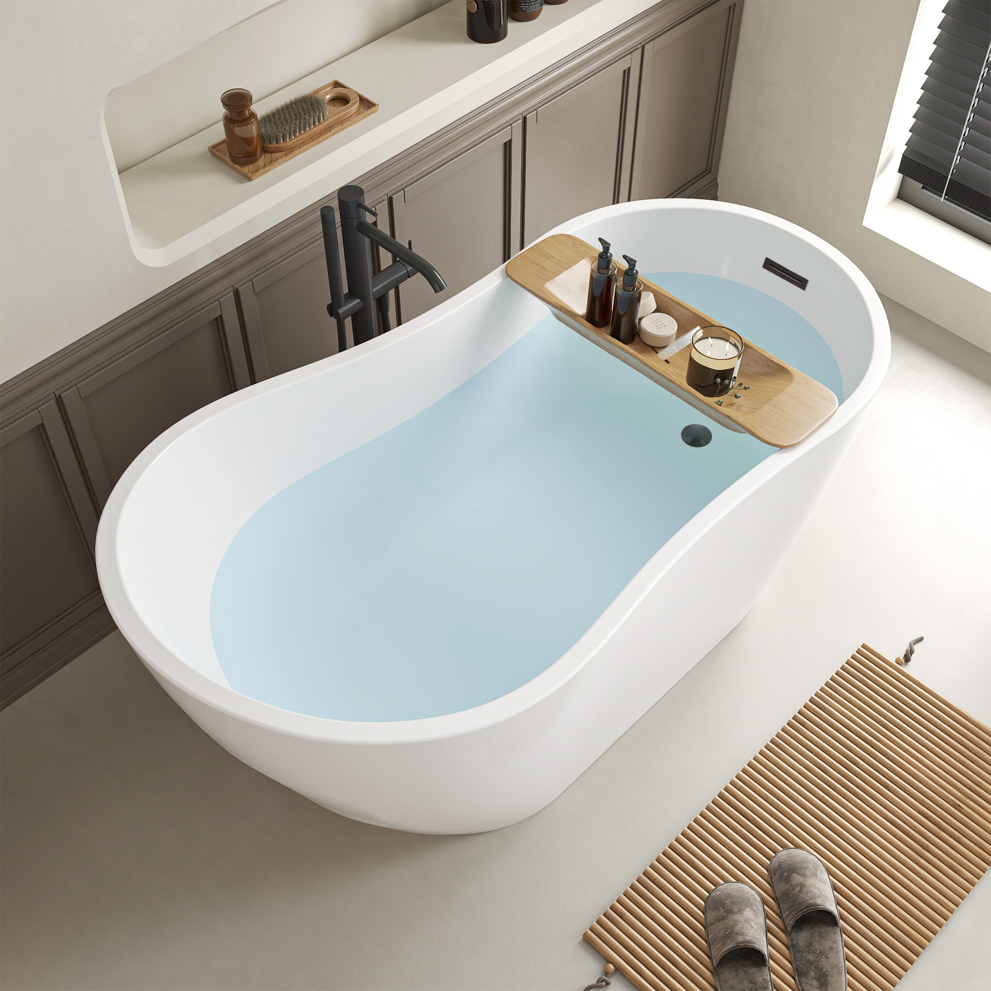 Maya 55" x 28" Freestanding Soaking Acrylic Bathtub, White/Oil Rubbed Bronze