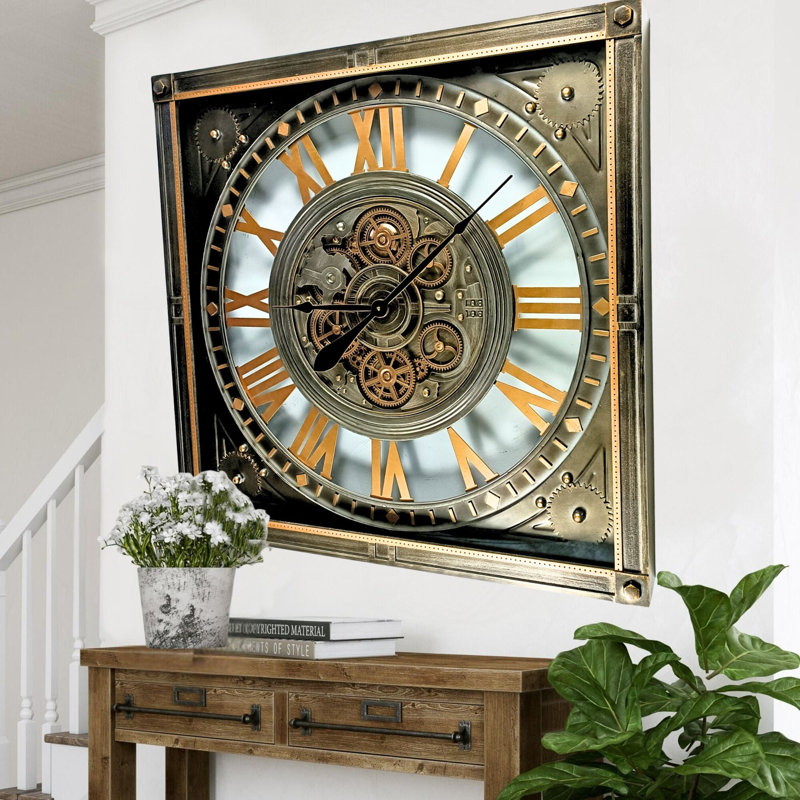 THE GEARS CLOCK Wall Clock with Real Moving Gears LU-LI_ 32 in Square SILVER-ANTIQUE