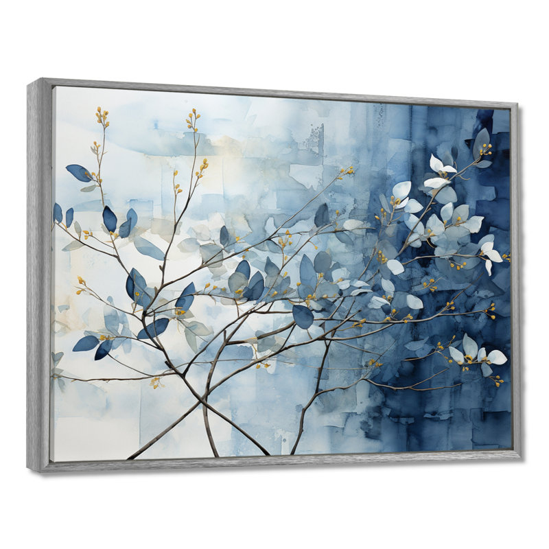 Art mural bleu et gris sur une branche I - Feuilles, H 16 po x l 32 po x P 1 po, Encadrement argenté