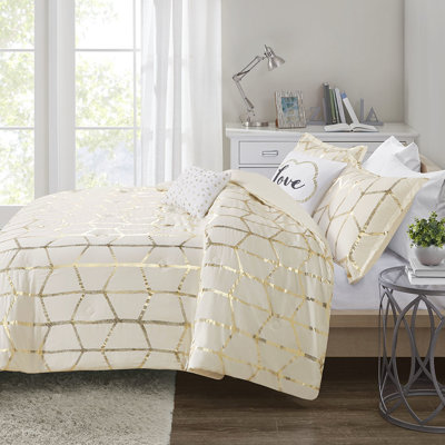 Couette métallisée dorée (grand lit/queen) - Style moderne, microfibre ultra douce, couette, 2 taies d'oreiller, coussins brodés, séchage à la machine à basse température. Literie à motif géométrique, fini décoratif, lavable à la machine.