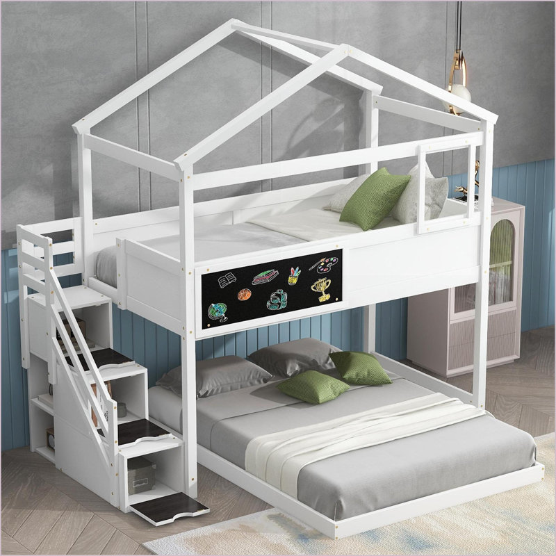 Lit superposé simple au dessus d'un lit double en bois de pin avec escalier de rangement Tableau noir - Conception blanche peu encombrante