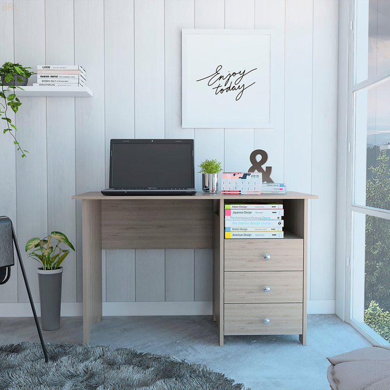 Bureau d'écriture à 3 tiroirs avec compartiment ouvert Edgewater - gris clair