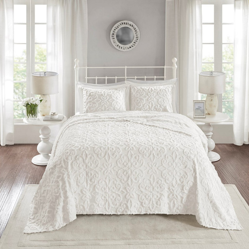 Ensemble de literie 3 pièces en chenille de coton, style campagnard surdimensionné, double / grand