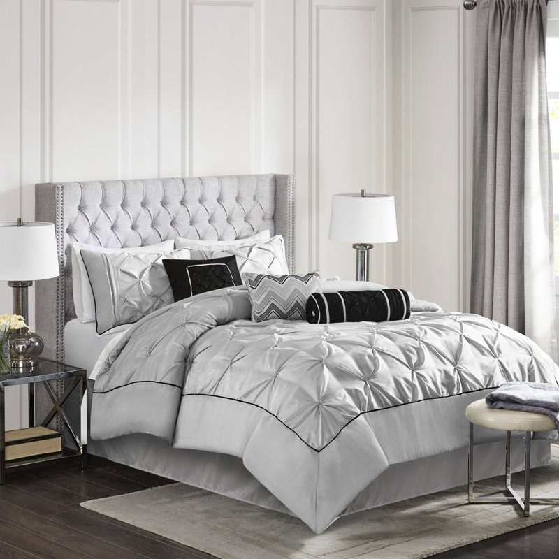 Literie pleine couleur grise - 7 pièces avec plis - caractéristiques d'édredon élégantes, Lit double, Gris