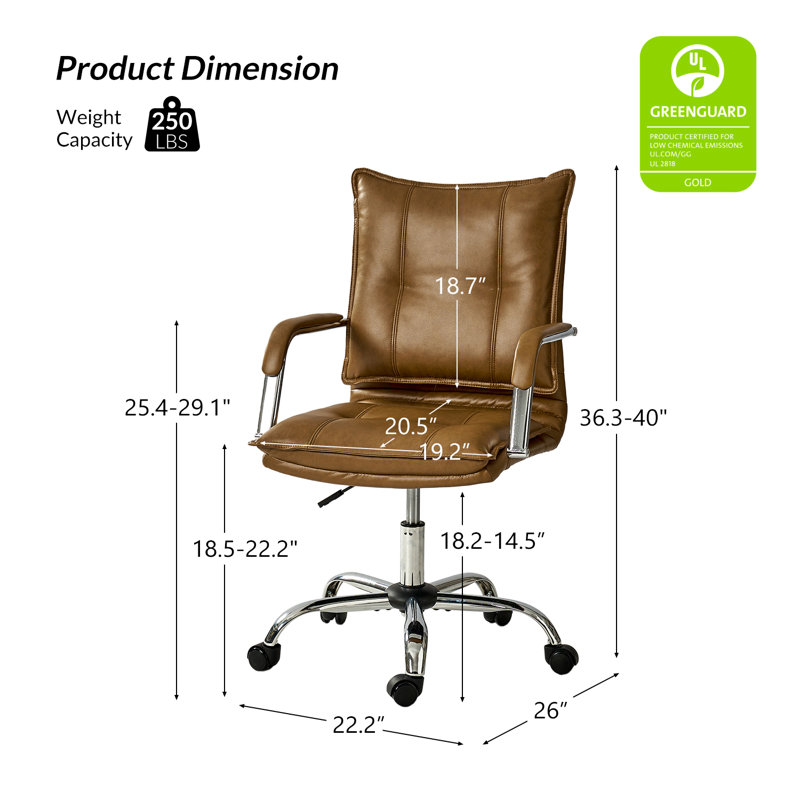  Chaise de bureau pivotante en similicuir de 22,2 po avec dossier capitonné Lundgren, Chameau