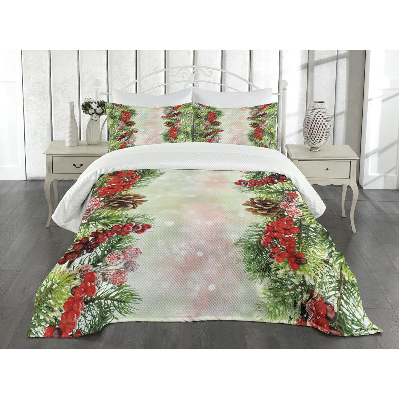 Ambesonne Christmas Bedspread Set Vivid Branches Blurry Multicolor, King Bedspread + 2 Standard Shams