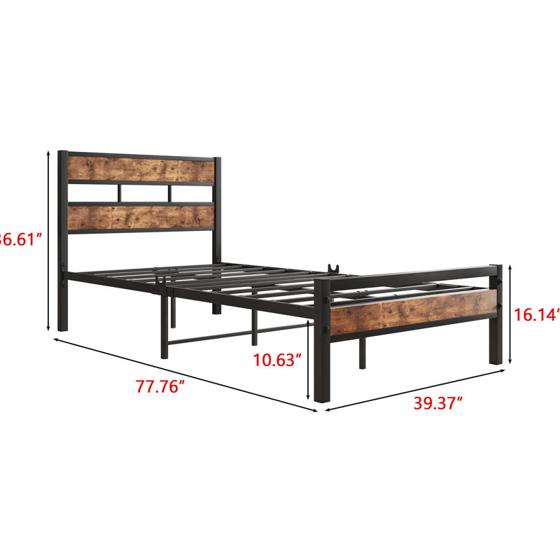 Lit simple avec support à lattes en métal - Tête de lit en bois rétro rustique, sans sommier, assemblage efficace, assemblage facile, repos de nuit confortable