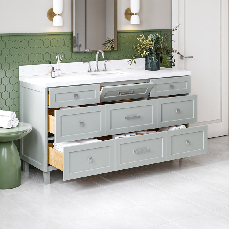 Meuble-lavabo rectangulaire simple de 66 po avec comptoir en quartz de Carrare Ariel Monroe, Gris