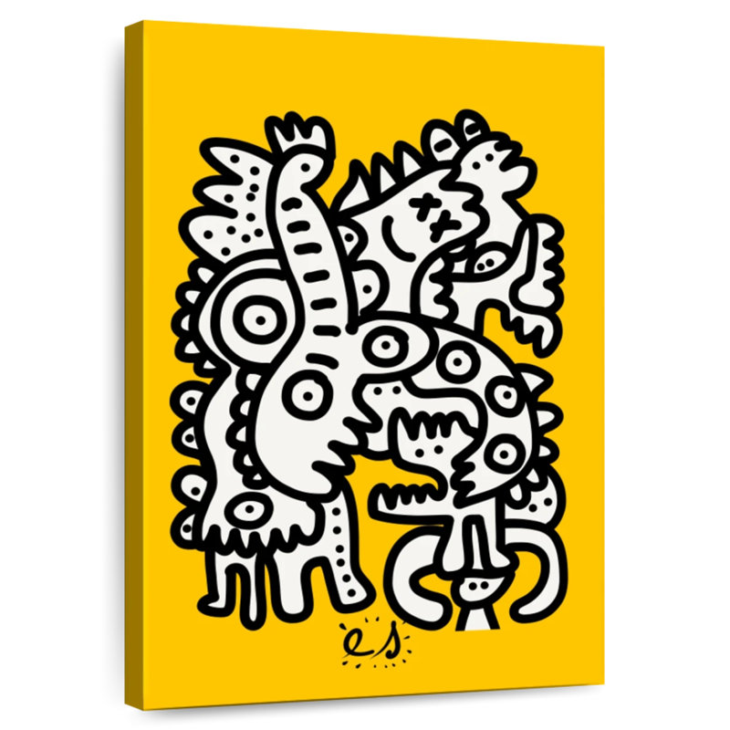 Ashelle Black And White Graffiti On Yellow, 30" H x 20" W