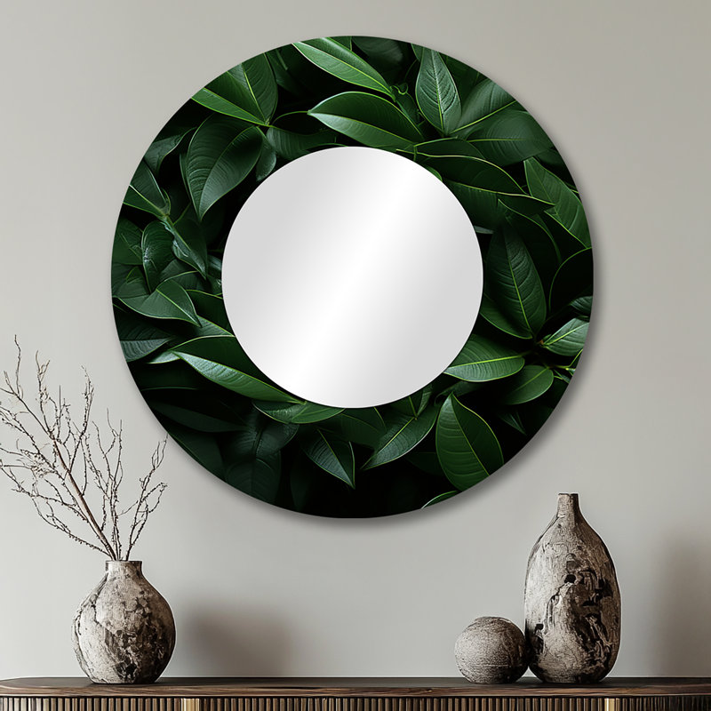 Tropical Robusta Palm Rhythms I - Botanicals Large Mirror, Modern Round Unique Wall Mirror Decor, Printed Metal Art