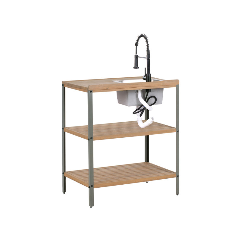 Outdoor Kitchen Island with Sink IVREA Certified Acacia Wood Brown/ Black