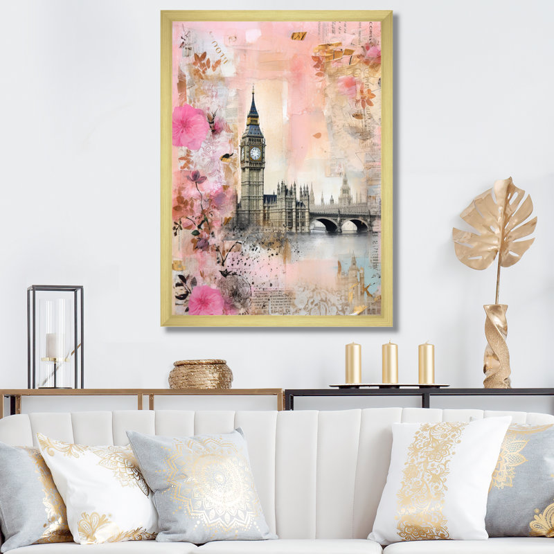 Reproduction d'art sur toile rose à motif floral rétro de Londres Big Ben - City London, H 32 po x l 24 po, Cadre photo noir