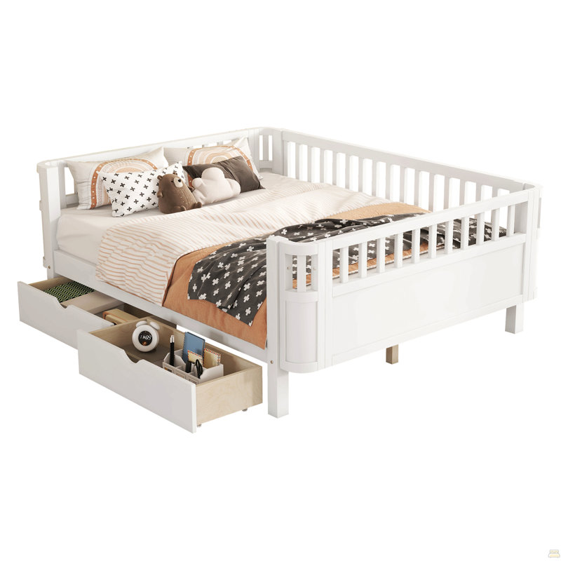 Lit plateforme double en bois pleine grandeur, lit double en bois à profil bas avec rails, Lit double, White