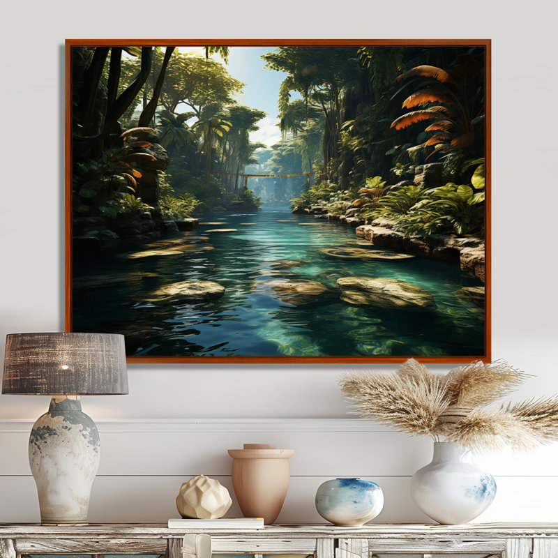 Oasis dominicaine tropicale II - plage côtière, art sur toile, 30" H x 40" W, Cadre flottant brun