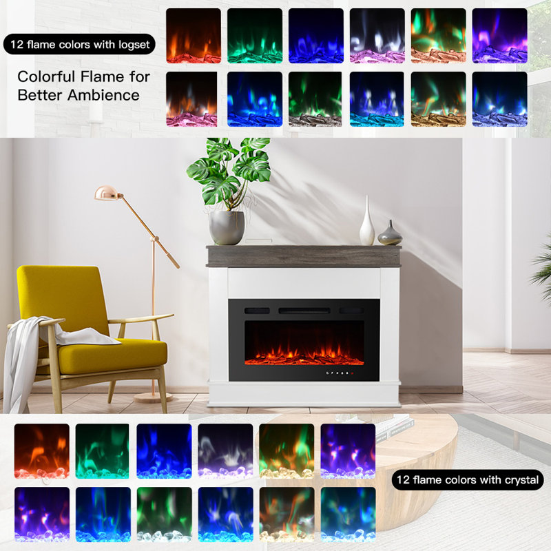 57” Freestanding Electric Fireplace Heater with Mantel, 12 Flame Colors, Stones and Logs, Dual Power, Black