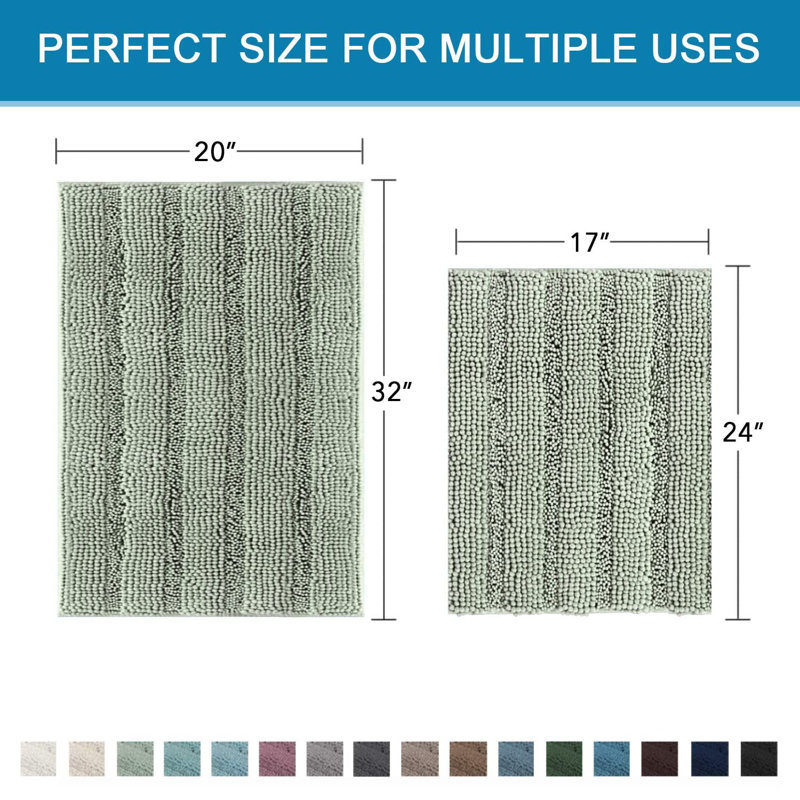 Sage Bathroom Rugs, Bath Mat Set Of 2 Extra Thick Chenille Striped Pattern Shaggy Bath Rugs For Bath Room, Non Skid Bath Mats