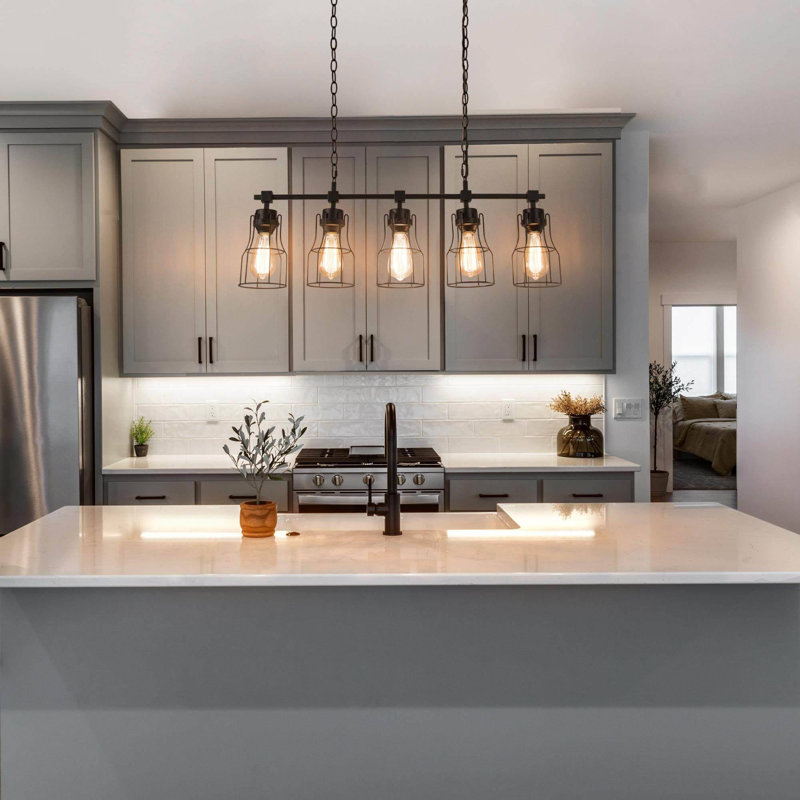 Herdon 5 - Light 32'' W Black Industrial Kitchen Island Linear Pendant ETL Certified