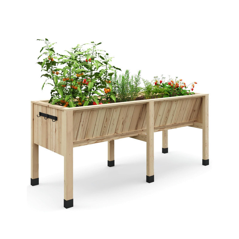Boîte à fleurs surélevée en cèdre avec doublure en tissu et crochets latéraux