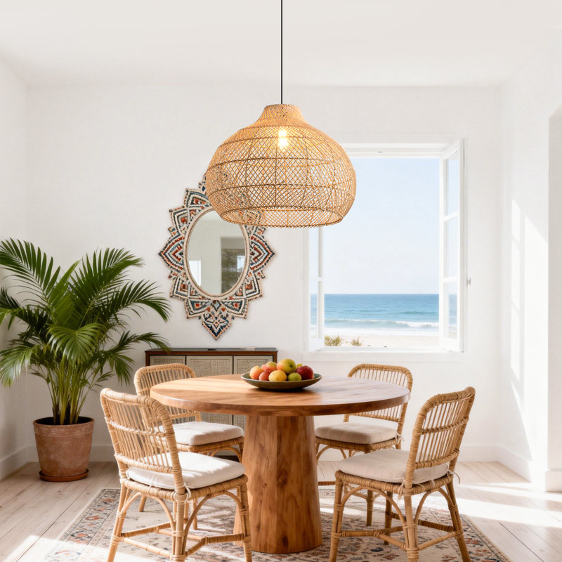 Large Rattan Pendant Light, Natural Wicker Shade, Iron Frame, Adjustable Height, E27 Socket, 60 Cm Diameter, For Living Room Dining Room (Bulb Not Included)