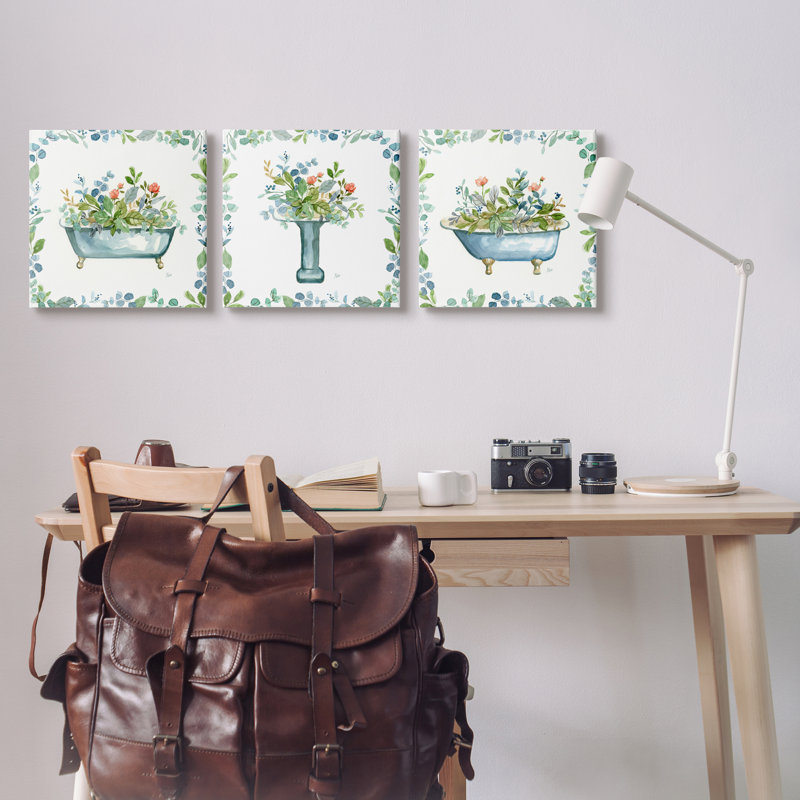 "Watercolor Floral Bathroom" par Nan - impression sur toile tendue 3 pièces