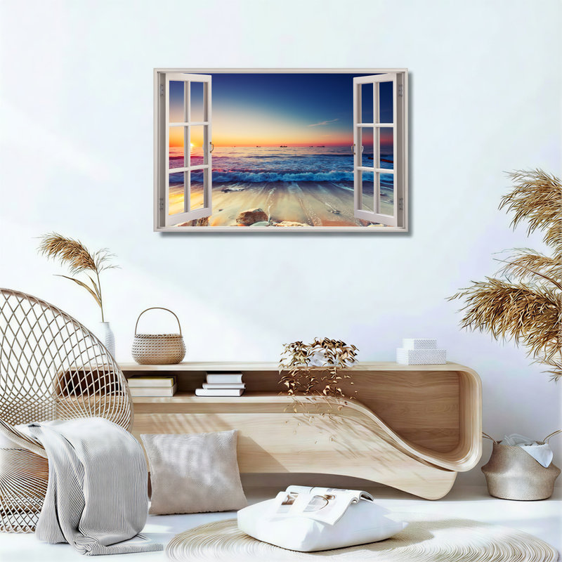Toile ouverte sur fond blanc avec vue sur l'océan, H 20 po x l 30 po