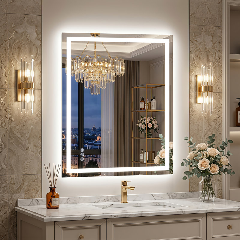 LED Rectangular Bathroom Mirror, Adjustable Light, Anti-fog Glass, 32" x 24"