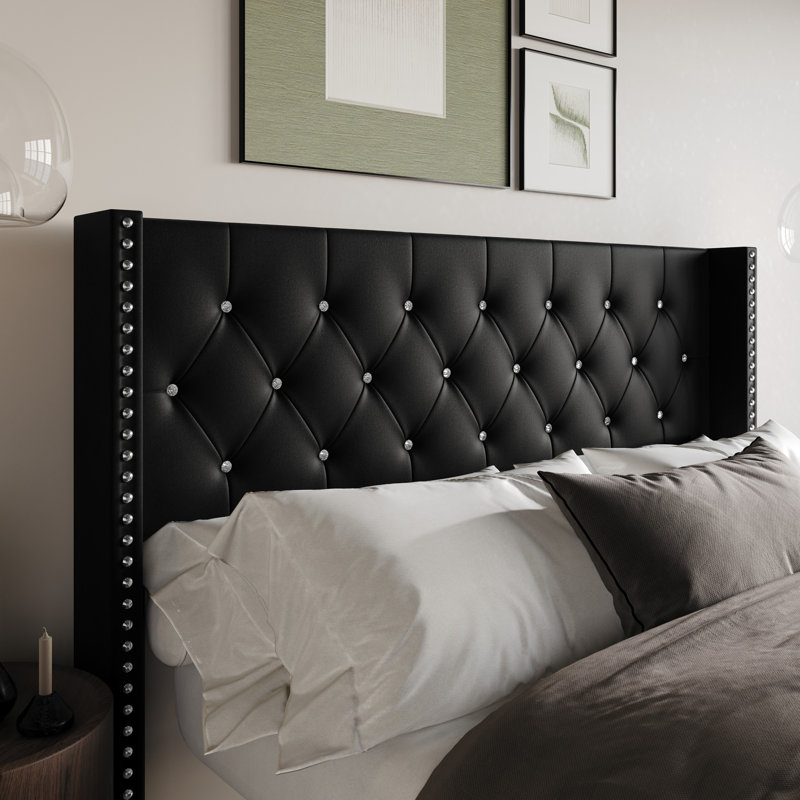 Gretna Tufted Upholstered Velvet Headboard, Queen, Black
