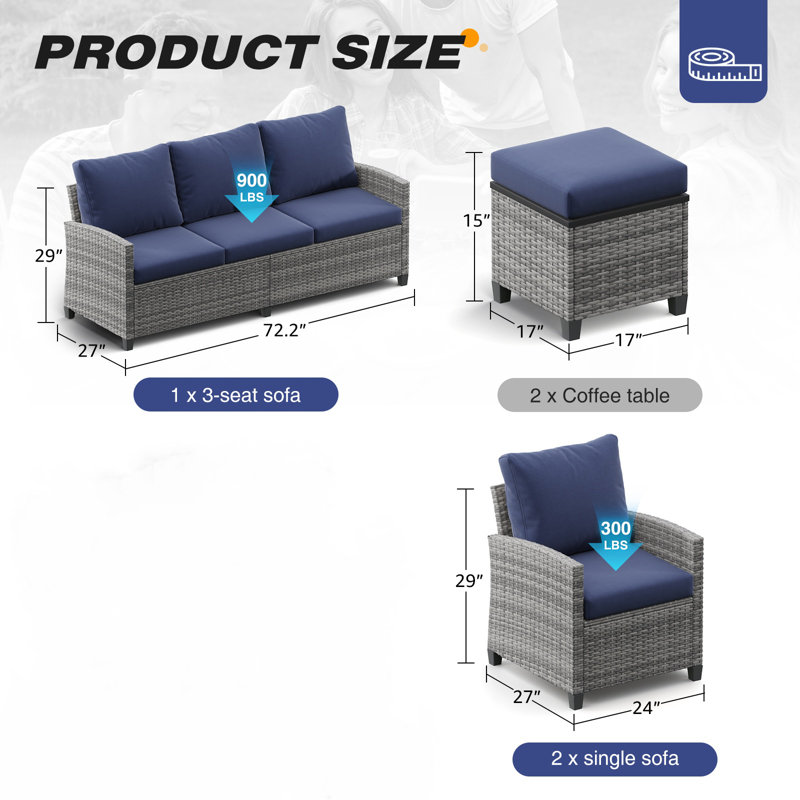 5 Piece Patio Conversation Set with Coffee Table and Cushions, Blue